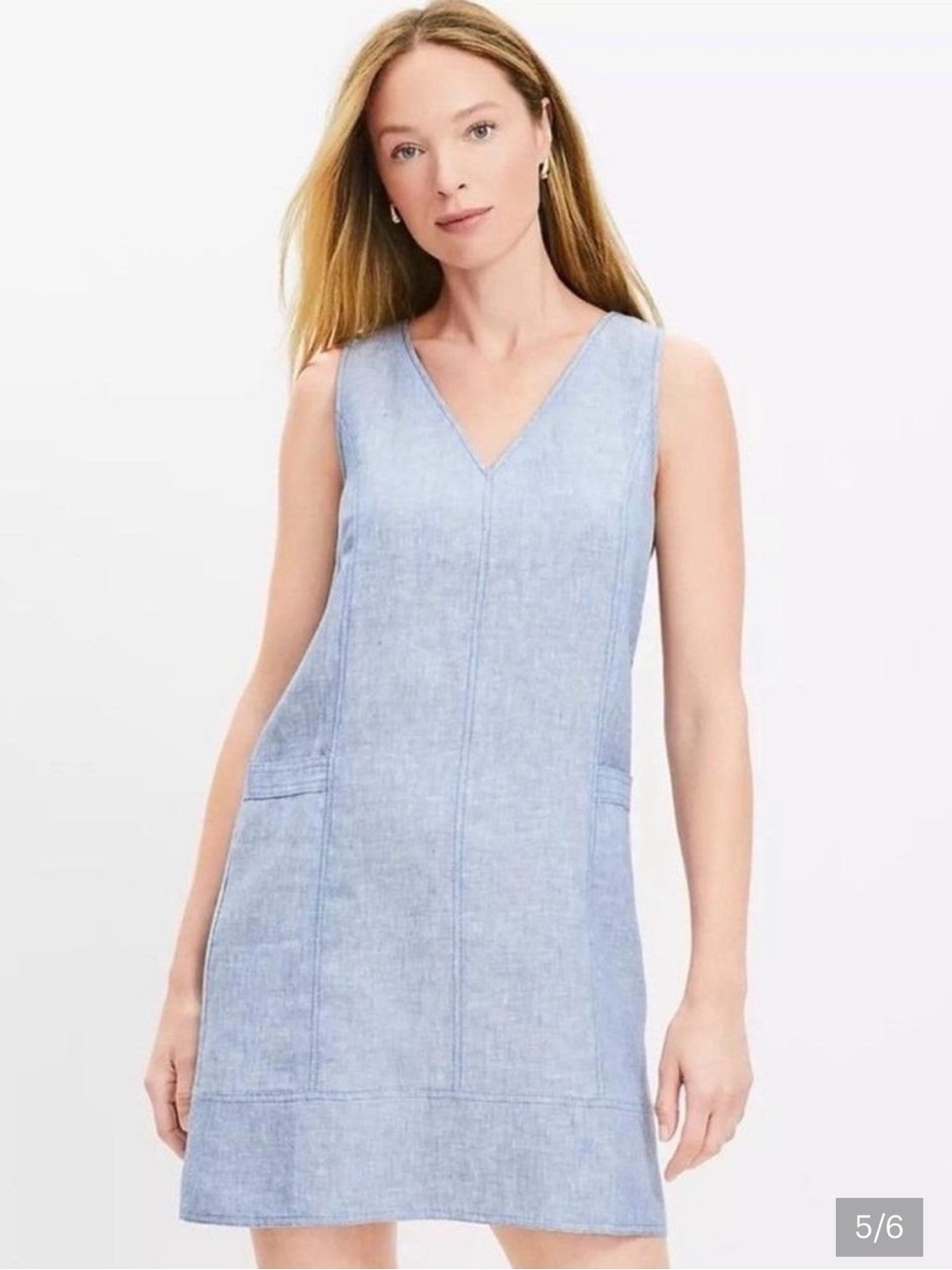 LOFT Light Blue chambray linen V-Neck Sleeveless Shift dress with pockets
